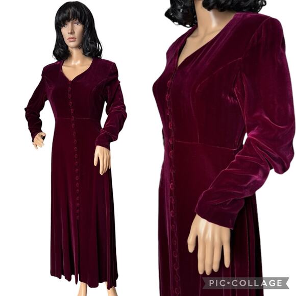 Vintage Dresses & Skirts - 80s Burgundy Wine Velvet Maxi Button Down Dress By Liz Claiborne Studio small